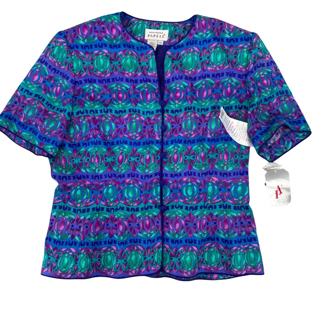 Adrianna Papell Silk Blouse‎ Vintage Blue Teal Magenta Geometric Print NWT Sz 12
